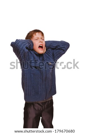 teenager  covered his ears screaming opened his mouth and closed eyes isolated on white background