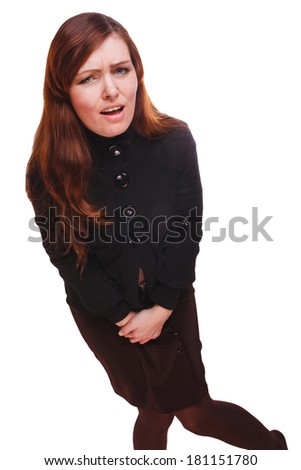 Sick woman abdominal pain and diarrhea bladder cystitis wants the toilet isolated on white background