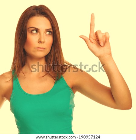 presses woman touch screen points finger button, press isolated on white background large cross processing retro