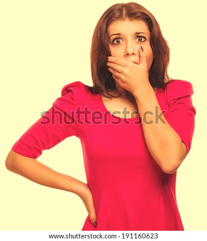 woman surprised terrified experiences fear covered her mouth with his hand isolated on white background large cross processing retro