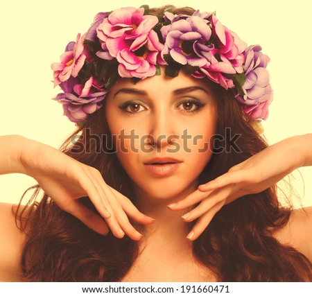 model beautiful woman face close-up head beauty, wreath flowers her head isolated on white background large cross processing retro