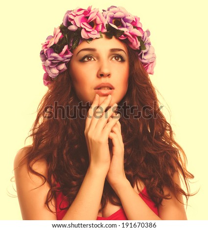 beautiful woman face model close-up head beauty, wreath flowers her head isolated on white background large cross processing retro