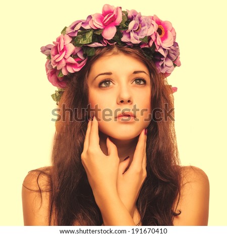 beautiful model face woman close-up beauty head, wreath flowers her head isolated on white background large cross processing retro