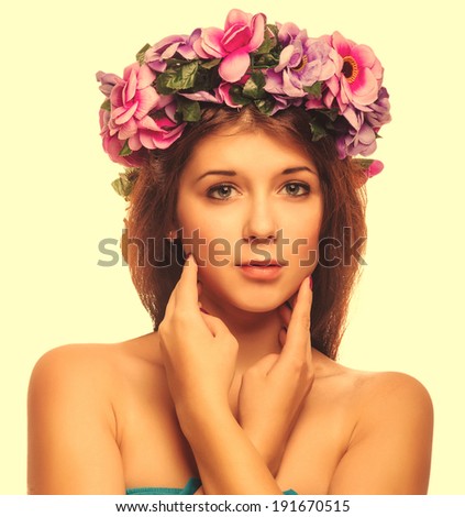 beautiful model woman face beauty close-up head, wreath flowers her head isolated on white background large cross processing retro