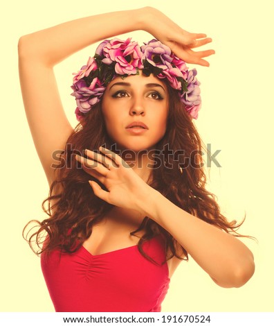 beautiful model woman face close-up head beauty, wreath flowers her head isolated on white background large cross processing retro