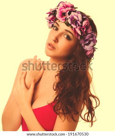 beautiful model woman face close-up beauty head, wreath flowers her head isolated on white background large cross processing retro
