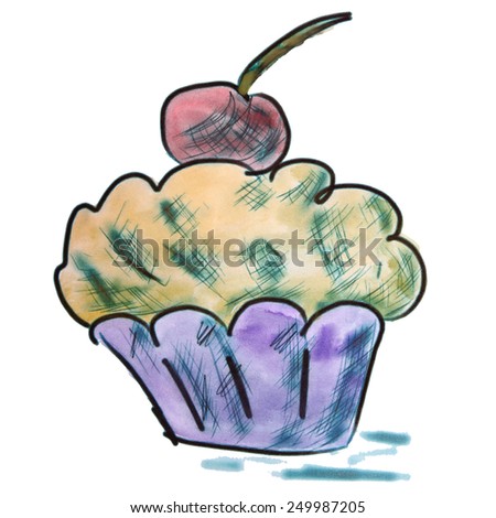 cake with cherry watercolor cartoon illustration isolated on white background