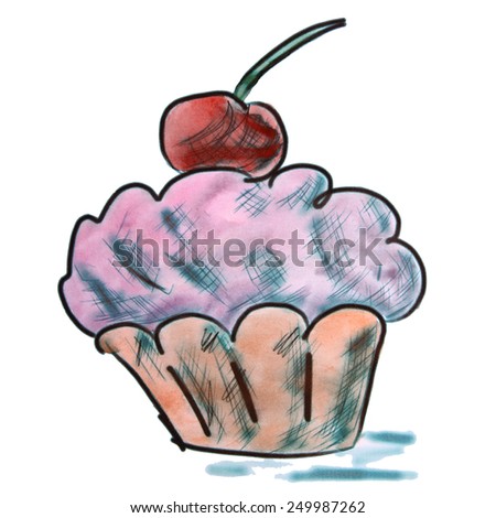 cake with cherry purple watercolor cartoon drawing isolated on white background