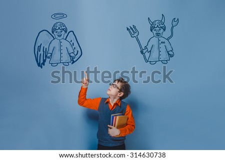 Teenage boy in glasses with books shows an angel devil demon infographics infographics Bible study of religion