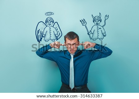 man businessman covering his ears whispers thoughts of an angel and a devil demon infographics infographics Bible study of religion