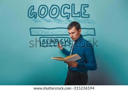 man shows a pointer to search Google holding a book infographics studio background Business Idea