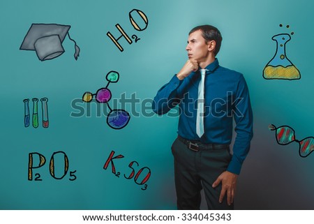 businessman chemistry man teenage student thinking looking away infographics formula sketch