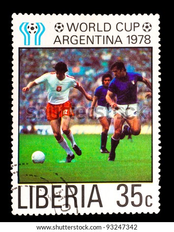 LIBERIA - CIRCA 1978: a stamp printed by LIBERIA, shows football players Italian team. World football cup ,Argentina, circa 1978