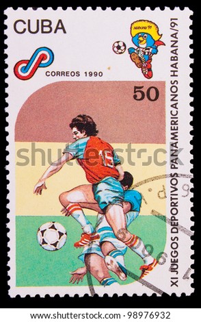 CUBA - CIRCA 1990: A post stamp printed CUBA, Pan American Sports Games soccer kicks, Havana, circa 1990