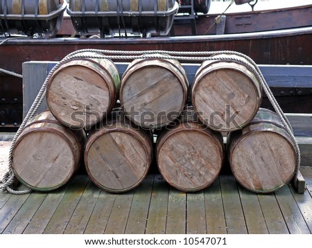 portrait of old ancient stock oak barrels