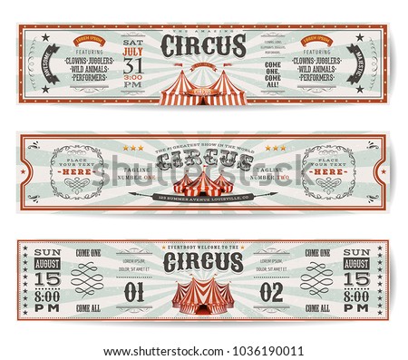 Vintage Circus Website Banners Templates/
Illustration of a set of retro design circus web header templates, with big top, banners, floral patterns and ornaments on wide sunbeams background