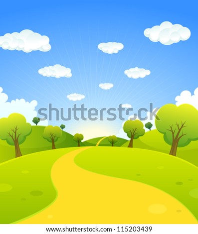 Spring Or Summer Cartoon Landscape/ Illustration of a cartoon summer or spring season country landscape, with road trail leading towards horizon