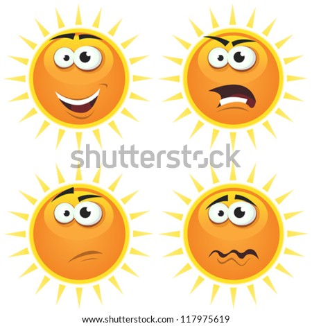 Cartoon Sun Icons Emotions/ Illustration of a set of various cartoon funny sun symbol icons characters with various emotions, happy, angry, doubtful and sadness