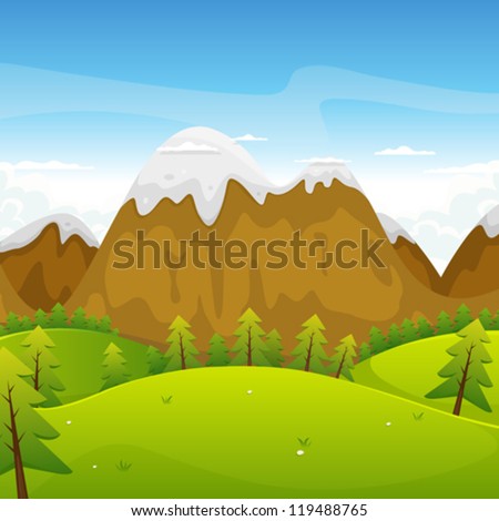 Cartoon Mountains Landscape/ Illustration of a cartoon summer or spring high mountain landscape for vacations, travel and seasonal holidays background