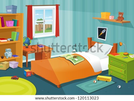 Some Kid Bedroom/ Illustration Of A Cartoon Children Bedroom With Boy Or Girl Lifestyle Elements, Toys, Bed, Books, Desk, Bookshelf, Teddy Bear