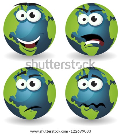 Cartoon Earth Icons Emotions/ Illustration of a set of various cartoon funny earth symbol icons characters with various emotions, happy, angry, doubtful and sadness