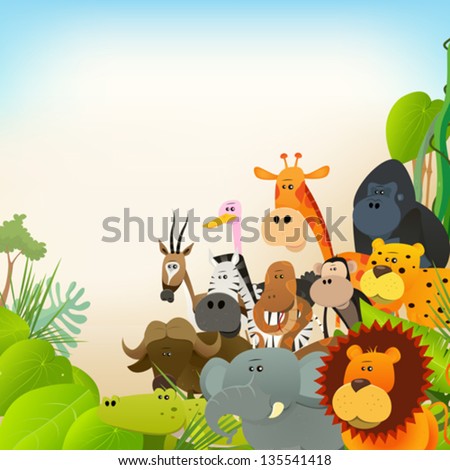 Wildlife Animals Background/ Illustration of cute various cartoon wild animals from african savannah, including lion, gorilla, elephant, giraffe, gazelle, monkey and zebra with jungle background