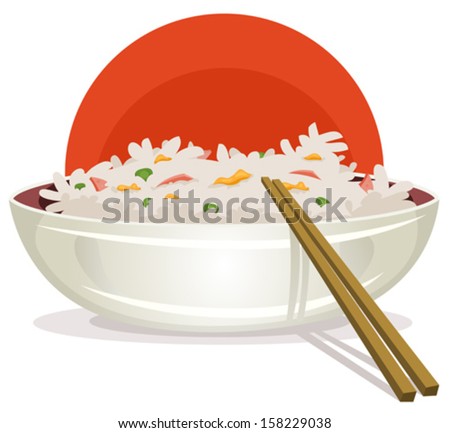 Fried Rice With Asian Chopsticks/ Illustration Of A Cartoon Plate Of