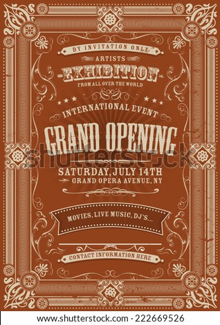 Vintage Invitation Background/ Illustration of a vintage invitation background to a grand opening exhibition with various floral patterns, frames, banners, grunge texture and retro design