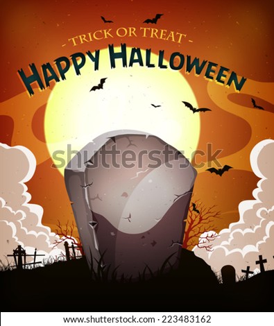 Halloween Holidays Background/ Illustration of a cartoon halloween holidays spooky horror background, with tombstone inside graveyard, fog, full moon and bats
