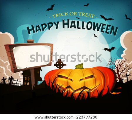 Halloween Holidays Landscape Background/ Illustration of a cartoon funny halloween holidays spooky horror landscape, with wicked pumpkin and blank wood sign
