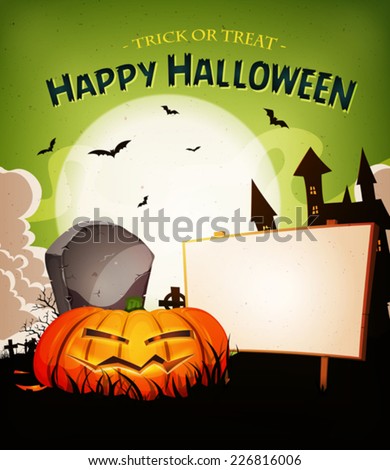 Halloween Holidays Landscape Background/ Illustration of a cartoon funny halloween holidays spooky horror landscape, with wicked pumpkin and blank wood sign