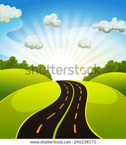 Spring Or Summer Cartoon Landscape/ Illustration of a cartoon road driving from fields and meadows landscape in spring or summer season