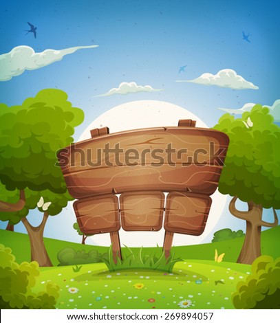 Spring And Summer Landscape With Wooden Sign/\
Illustration of a cartoon beautiful spring or summer season landscape background, with wood announcement sign, butterflies, swallows flying and flowers