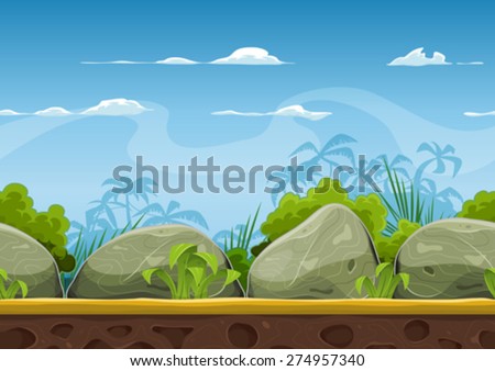 Seamless Tropical Beach Landscape For UI Game/\
Illustration of a cartoon seamless summer tropical beach ocean background with palm trees, coconuts, boulders, stones for UI game