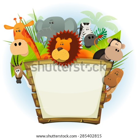 Wild Animals Zoo Wood Sign/\
Illustration of a cute cartoon wild animals family from african savannah, including lion, elephant, giraffe, monkey, snake, gazelle and zebra with jungle background