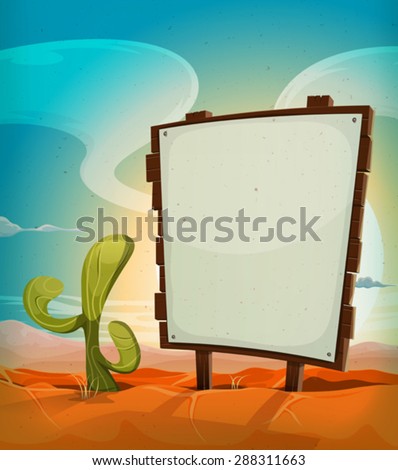 Summer Mexican Desert With Wood Sign/ Illustration of a vintage cartoon mexican desert landscape in the sunrise, in summer season, with cactus plant and blank white paper on a wood sign