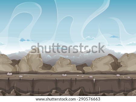 Seamless Stone And Rocks Desert Landscape For Ui Game/\
Illustration of a seamless cartoon desert stone, rock and boulders landscape, with layers for parallax and mountains range background for ui game