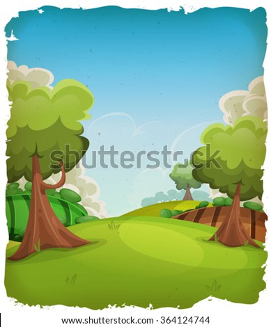 Cartoon Rural Landscape Background/\
Illustration of a cartoon summer or spring rural landscape, with trees, meadows and harvest fields, and cloudscape over blue sky with grunge frame