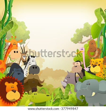 Wildlife African Animals Background/ Illustration of cute cartoon wild animals from african savannah, with lion, gorilla, elephant, giraffe, gazelle, gorilla monkey, ape and zebra on jungle background