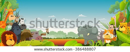 Wildlife African Animals Background/\
Cute cartoon wild animals from african savannah, with lion, gorilla, elephant, giraffe, gazelle, gorilla monkey, hippo, ape and zebra on wide jungle background
