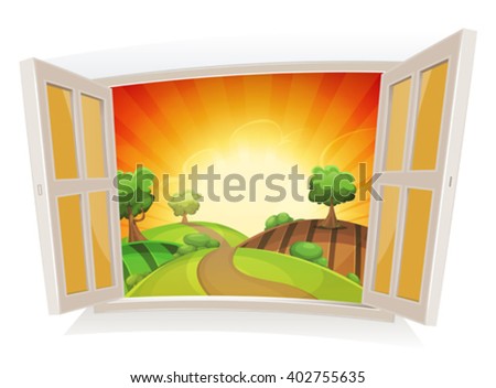 Open Window On A Summer Rural Landscape/\
Illustration of an open window on a summer landscape, with sunrise and rural road snaking in pastures and meadows, and harvesting fields