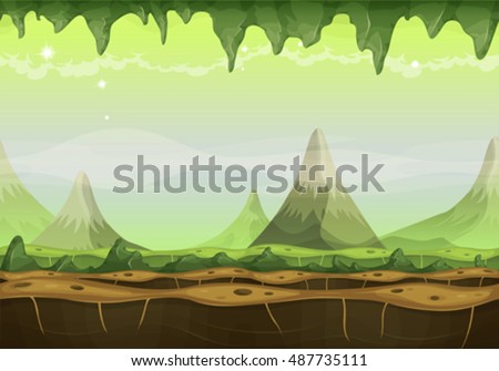 Fantasy Sci-fi Alien Landscape For Game Ui/\
Cartoon seamless funny sci-fi alien planet landscape background, with mountains range layers for parallax, stalactite, stars and planets for ui game