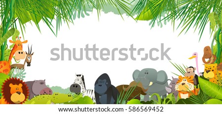 Postcard With Wild African Animals/
Illustration of a postcard background with cartoon wild animals from african savannah, including lion, gorilla, elephant, giraffe, gazelle and zebra