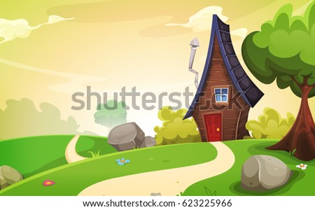 House Inside Spring Landscape/
Illustration of a cartoon spring or summer season landscape with country road leading to a fairy little house
