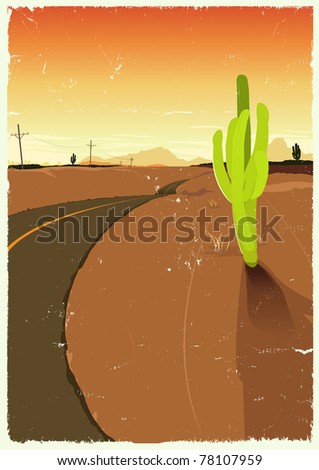 Western Desert Road/ Illustration of a background poster with desert landscape, road toward horizon in the summer