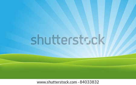 Green And Blue Landscape/ Illustration of a landscape in spring or summer season with fields and shiny  sky at dawn