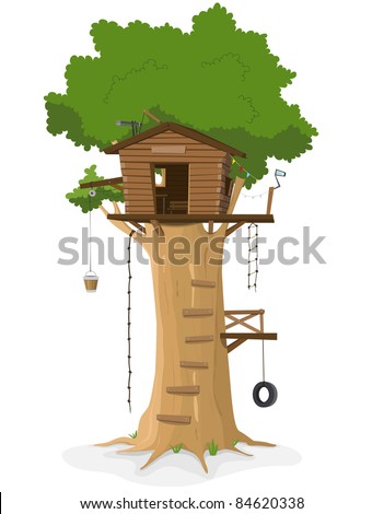 Tree House/ Illustration of a cartoon tree house in big oak isolated on white background