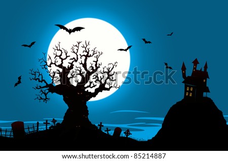 Halloween Poster - Haunted House And Evil Tree/ Illustration of a halloween poster background, with haunted house, graveyard  and other elements from halloween imagery