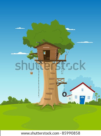 stock photo : Tree House In My Backyard/ Illustration of a cartoon tree
