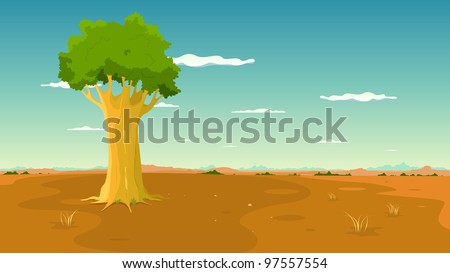 Tree Inside Wide Plain Landscape/ Illustration of a cartoon wide desert landscape with a single tree